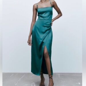 Zara Silk Teal Midi Dress with Gold Accents Size XS NEW WITH TAGS